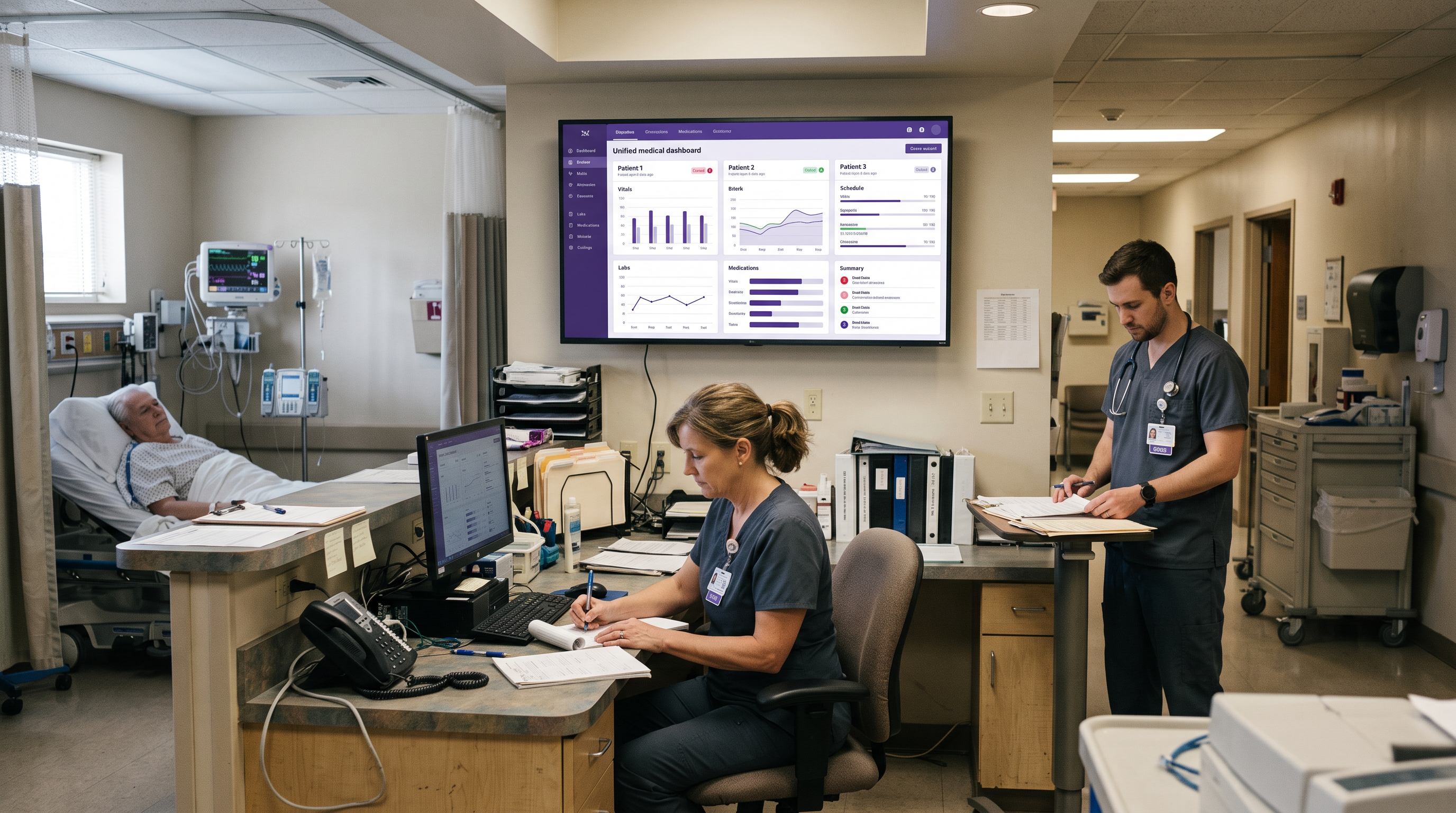 Critical Access Hospital nurses' station with unified dashboard