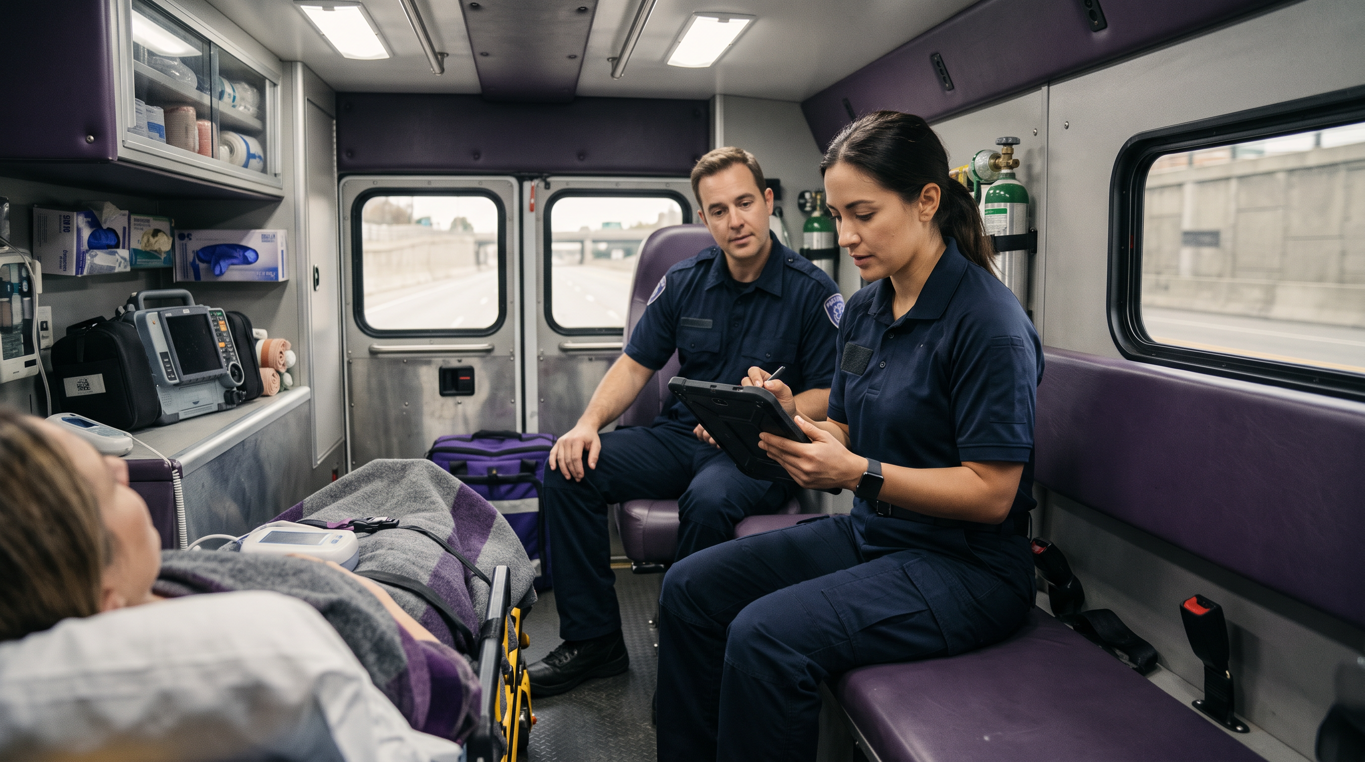 EMS crew documenting patient care en route to the hospital
