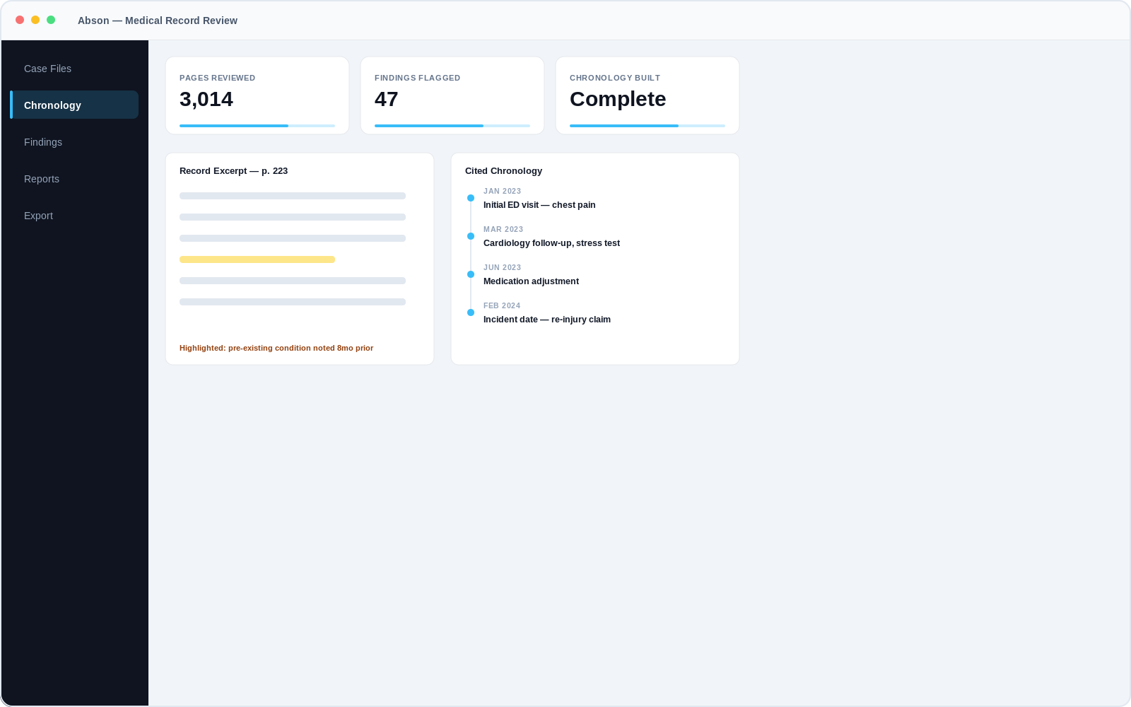 Abson medical record review and chronology interface