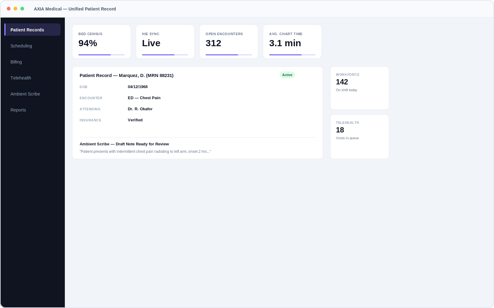 AXIA Medical unified patient record dashboard