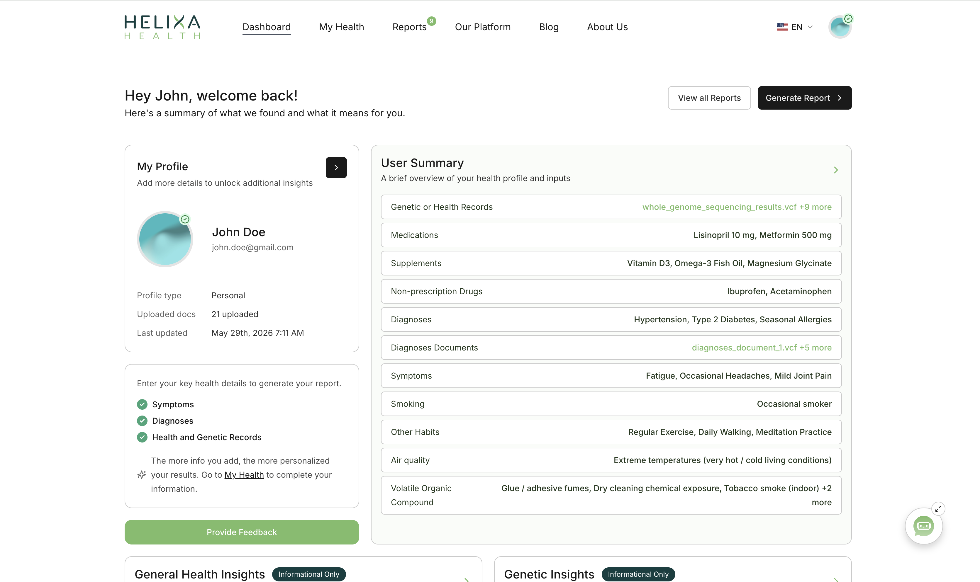 Helixa Health patient dashboard